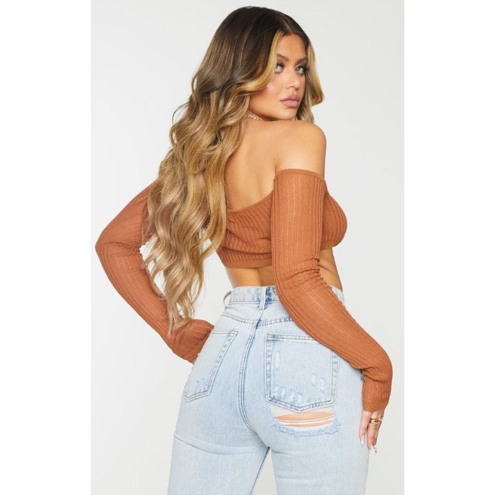 NWT PRETTYLITTLETHING RUST SHEER KNIT BARDOT TWIST FRONT TOP - Size Small - Picture 2 of 7